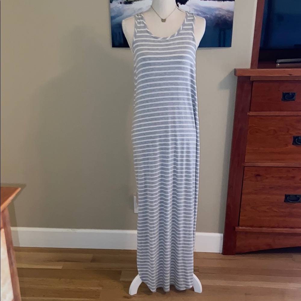 Maxi Dress Beachwear Gray White Stripes Stripe Striped Racerback Vacay